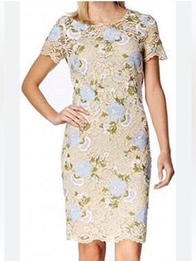 Calvin Klein Tan & Opal Blue Size 2 Floral Lace Embroidered Sheath Pencil Dress